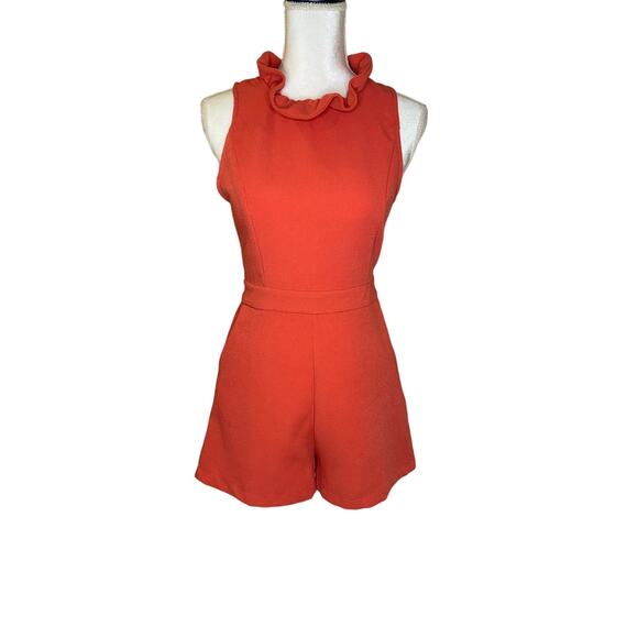Do+Be S Orange Rust Coral Short Romper Ruffle Bow Pockets! Game Day Fall Outfit - Picture 1 of 8